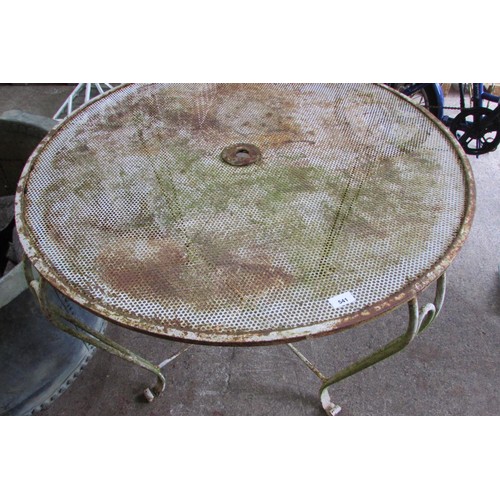 541 - A weathered rustic painted metalwork patio / garden table, with tubular framework, 70cm high, 95cm d... 