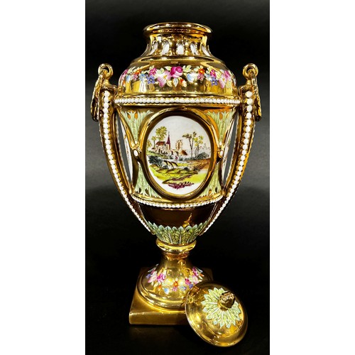 20 - A pair of Empire style vases the main bodies in a blue and gilt colourway with painted panels depict... 