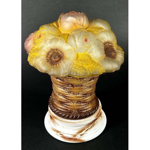 83 - An early 20th century glass table lamp of a basket of flowers on a screw on glass base, 22cm high x ... 