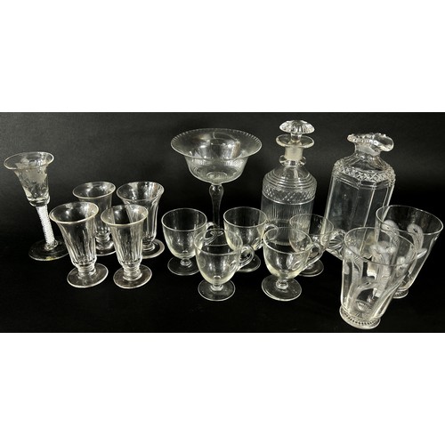 86 - A selection of Georgian and Victorian glass ware including a wine glass engraved with a  butterfly, ... 