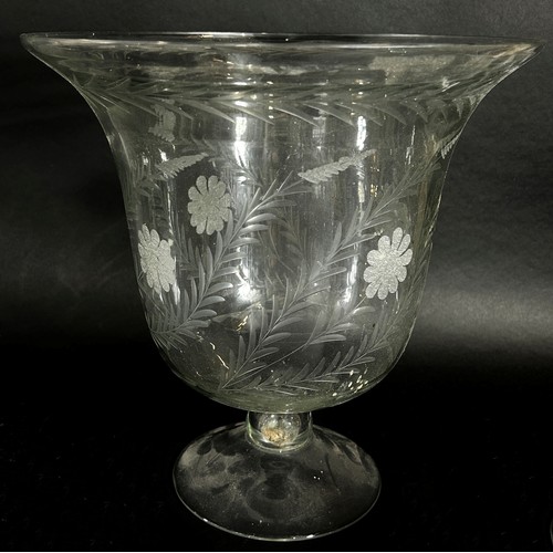 92 - A decorative campana shaped glass vase with engraved fern decoration 29.5cm high x 29.5cm diameter a... 