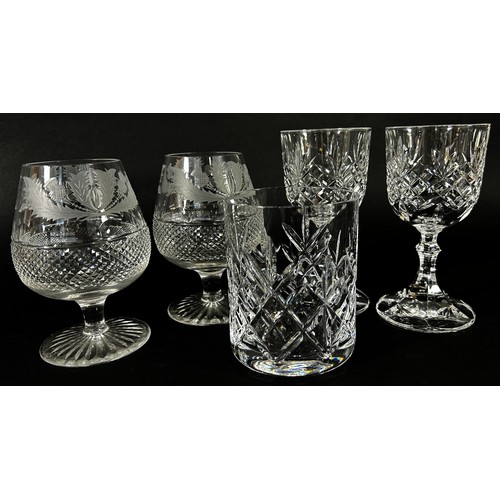 95 - Four Edinburgh Crystal Thistle Whisky Glasses, a single shot glass and two brandy balloons to match,... 