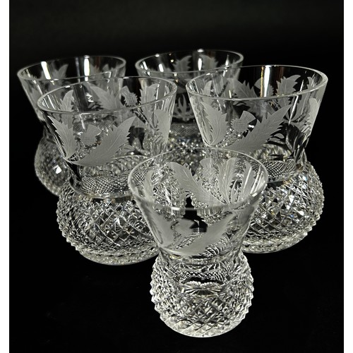 95 - Four Edinburgh Crystal Thistle Whisky Glasses, a single shot glass and two brandy balloons to match,... 