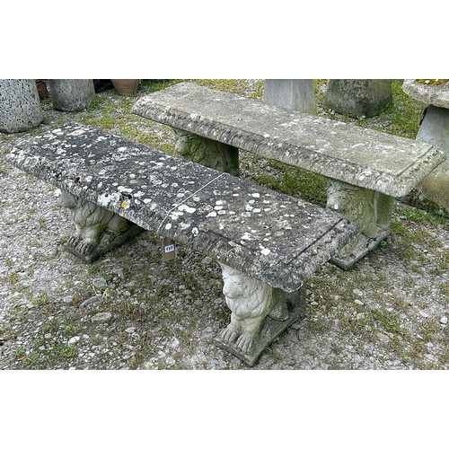 137 - A pair of weathered cast composition stone three sectional garden benches with rectangular slab seat... 