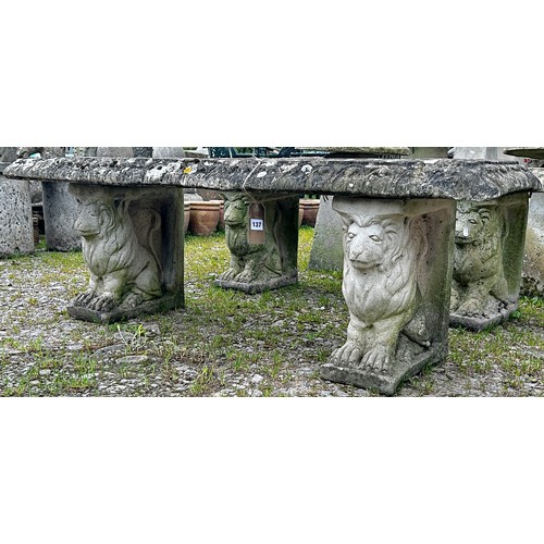 137 - A pair of weathered cast composition stone three sectional garden benches with rectangular slab seat... 