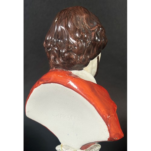 37 - A 19th century Staffordshire Prattware figure of William Shakespeare on a simulated marble style bas... 