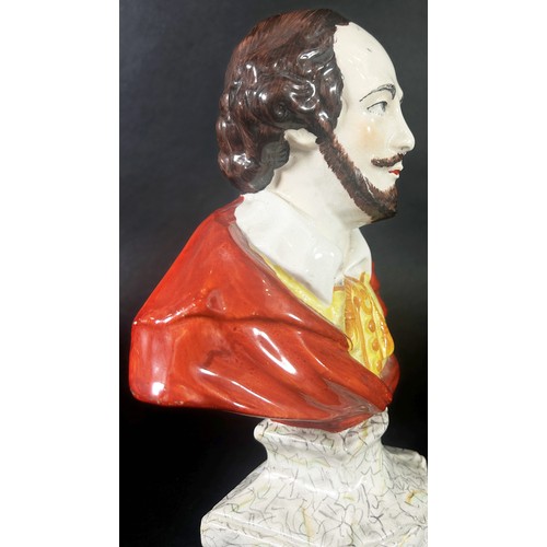 37 - A 19th century Staffordshire Prattware figure of William Shakespeare on a simulated marble style bas... 