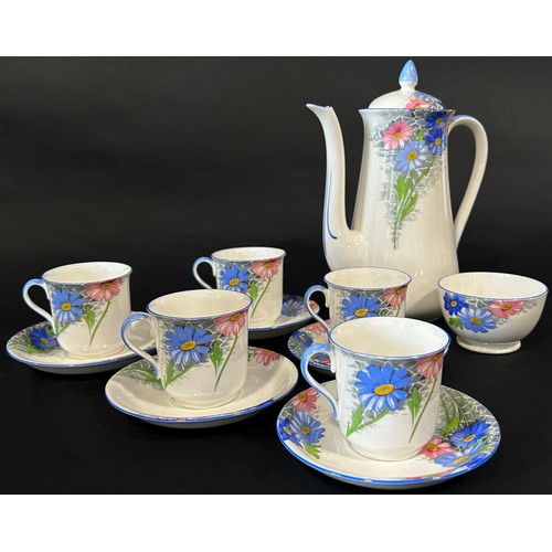 61 - A collection of Shelley blue daisy pattern teaware, a Wedgwood Kutani Crane coffee pot and sucrier a... 