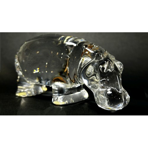 88 - A Baccarat Crystal Glass Hippopotamus, stamp to the base, 15cm wide, a Limoges Porcelain pill box wi... 