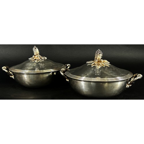 123 - A pair of good quality Christofle silver plated tureens with blossoming flowers to the lids and acan... 