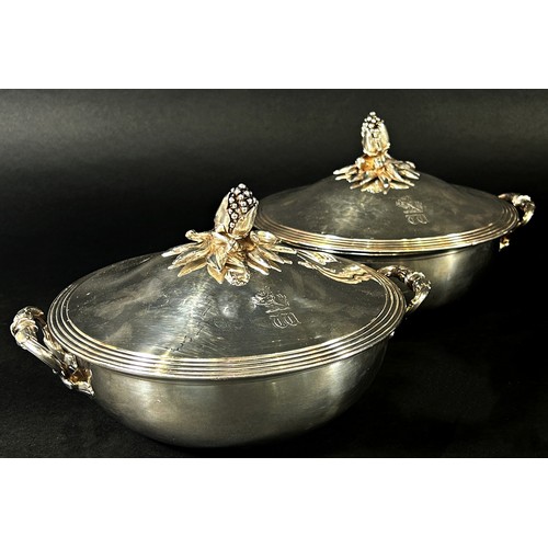 123 - A pair of good quality Christofle silver plated tureens with blossoming flowers to the lids and acan... 