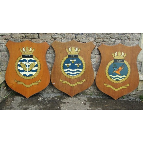 A collection of 13 large armorial shields with naval and air force insignias, shield size 105cm x 80cm