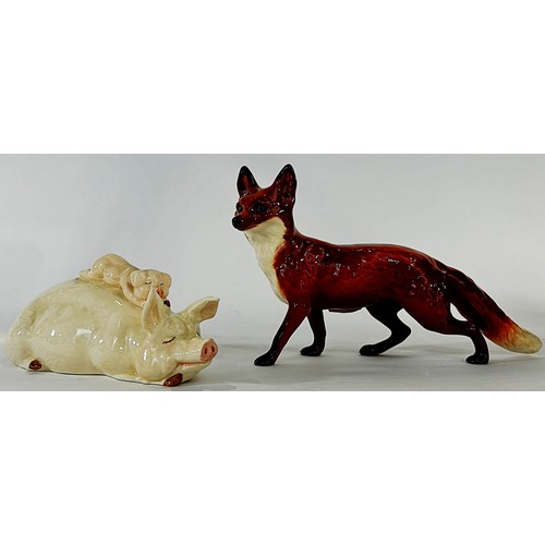 36 - A Beswick black beauty, a fox, a recumbent sow and piglet and two further horses (5)