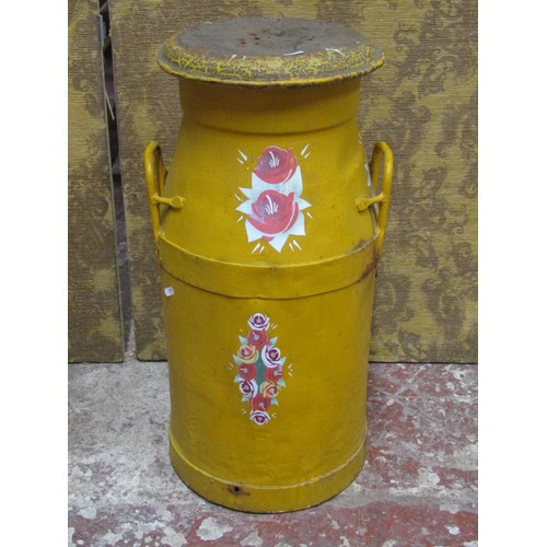 1138 - An over-painted (yellow) milk churn, a vintage swing letter/numerical display and a small shield sha... 