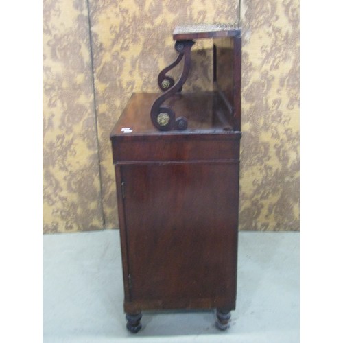 1201 - A Regency mahogany Chiffonier enclosed by two brass grilled doors beneath a raised and shaped back 7... 