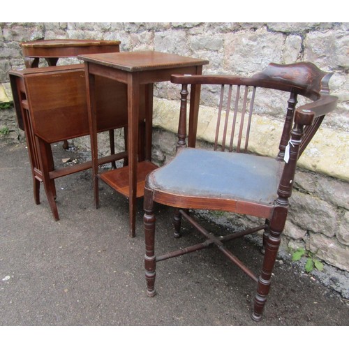 1215 - An Edwardian drop leaf table, corner chair, demi lune table, and square cut occasional table