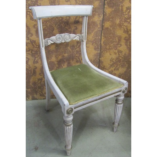 1246 - A set of seven Regency painted dining chairs with carved splats on fluted supports