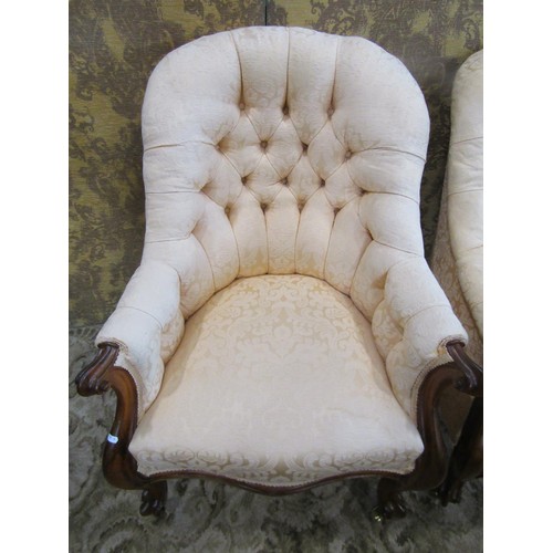 1244 - A pair of 19th century rose wood framed and upholstered drawing room chairs on cabriole legs