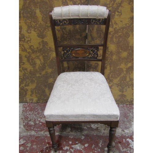 1227 - A pair of Edwardian rosewood occasional chairs, with inlaid detail, pierced and carved splats, uphol... 