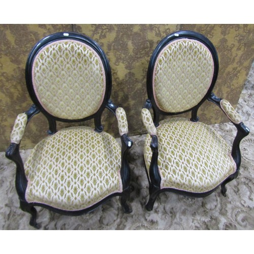 1231 - A pair of Victorian drawing room chairs with cameo back, upholstered finish