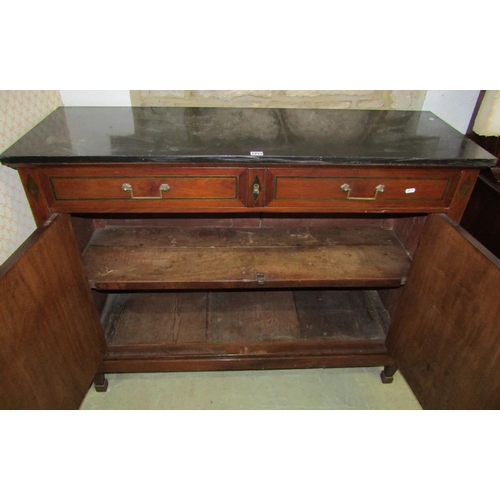 1263 - A 19th century mahogany side cupboard enclosed by two drawers and a single door, set beneath a marbl... 