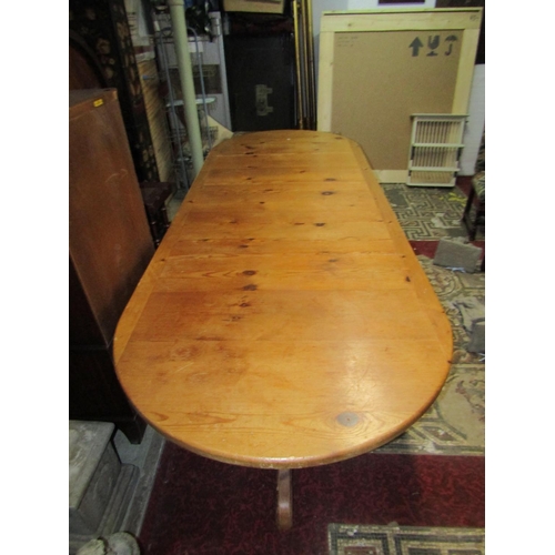 1277 - A substantial pine twin pedestal D end dining table (3m long)