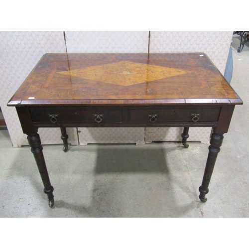 1142 - Victorian side table, the top in mixed wood with geometric detail, to the centre Britannia with lion... 