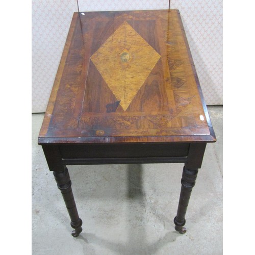 1142 - Victorian side table, the top in mixed wood with geometric detail, to the centre Britannia with lion... 