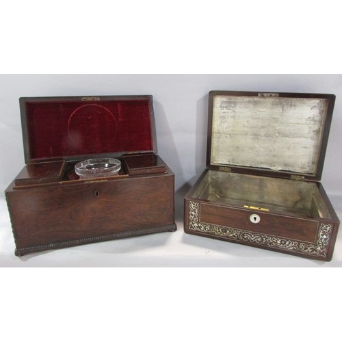 570 - A 19th century rosewood tea caddy with two caddy’s and a mixing bowl together with a rosewood box wi... 