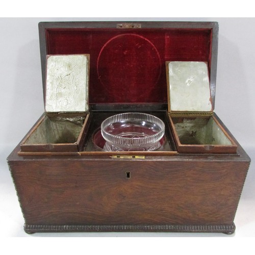 570 - A 19th century rosewood tea caddy with two caddy’s and a mixing bowl together with a rosewood box wi... 