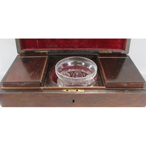 570 - A 19th century rosewood tea caddy with two caddy’s and a mixing bowl together with a rosewood box wi... 