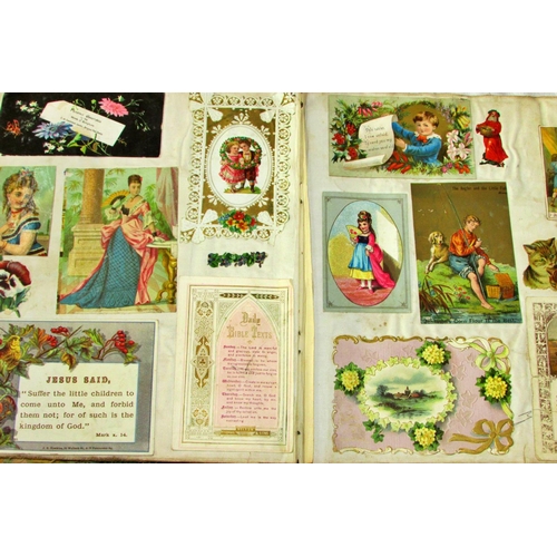 824 - A Victorian scrap book, including many colourful cards, cuttings and poems