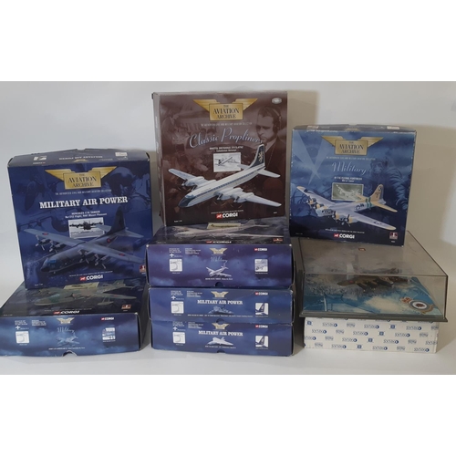 881 - Seven boxed model aircraft from Corgi Aviation Archive Military Power and Classic Propliners ranges,... 