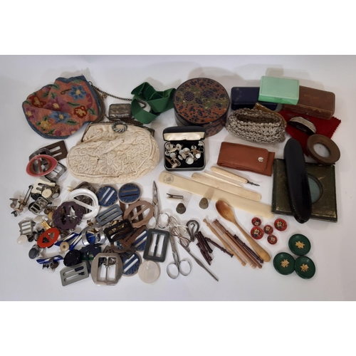 932 - Box of mixed haberdashery including belt buckles, buttons, lace bobbins, cufflinks etc together with... 