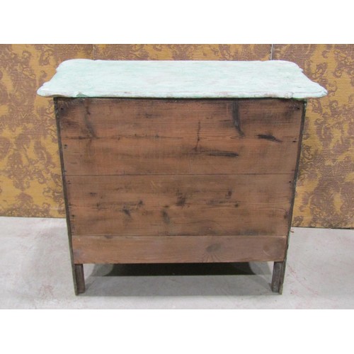 1193 - A small green painted and dry-scraped Dutch bombe chest of three drawers, 90cm wide x 50cm deep x 76... 