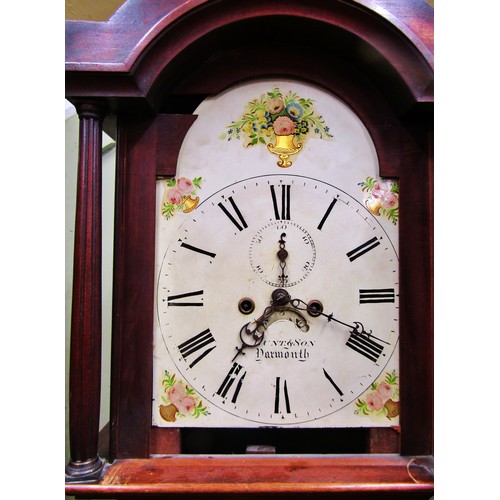 1312 - A Georgian mahogany longcase clock with broken arch painted dial, eight day striking movement, subsi... 