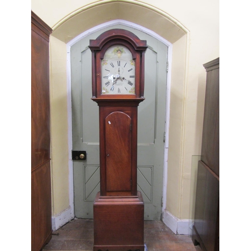 1312 - A Georgian mahogany longcase clock with broken arch painted dial, eight day striking movement, subsi... 