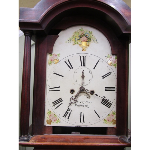 1312 - A Georgian mahogany longcase clock with broken arch painted dial, eight day striking movement, subsi... 