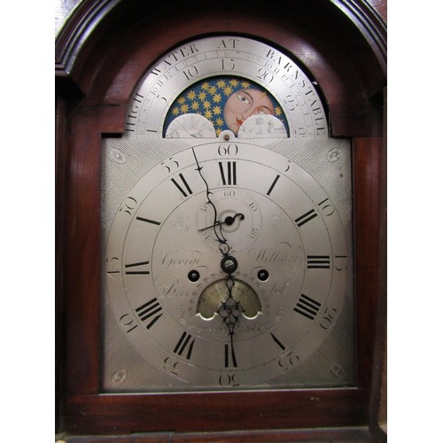 1315 - A Georgian mahogany longcase clock, the hood with swan neck pediment, the broken arch silvered dial ... 