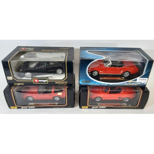 889 - Ten 1:18 scale boxed model sports cars including Bugatti, Mustang and Ferrari  by Maisto, Jouef, Bur... 