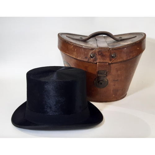 929 - Early 20th century black silk top hat by G.A. Dunn & Co in silk lined stitched leather hat box. Crow... 