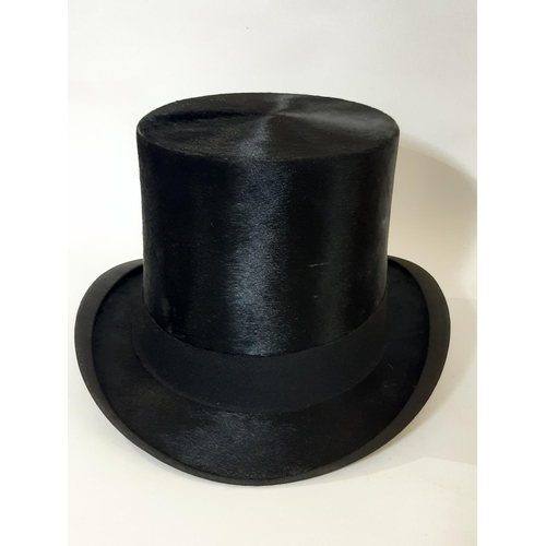 929 - Early 20th century black silk top hat by G.A. Dunn & Co in silk lined stitched leather hat box. Crow... 