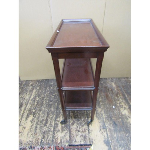 1363 - A Victorian mahogany three wheeled trolley of narrow proportions, raised on a chamfered supports, wi... 