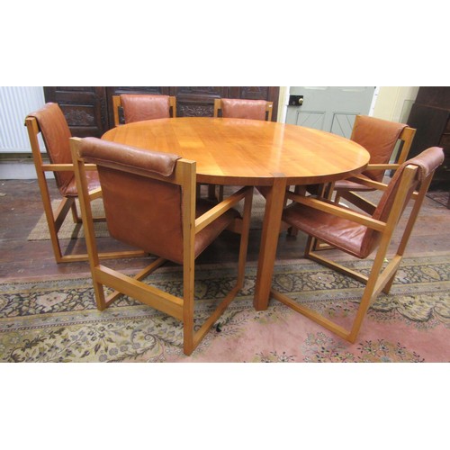 1355 - A bespoke made John Makepeace table and chairs made in English wild cherry wood, the circular table ... 