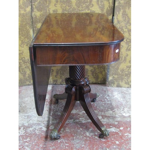 1371 - A Regency mahogany D end tea table the swivel top raised on a cylindrical spiral column stem and fou... 