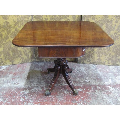 1371 - A Regency mahogany D end tea table the swivel top raised on a cylindrical spiral column stem and fou... 