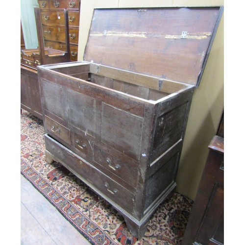 1373 - An 18th century oak mule chest, the rising lid over three simple panels and an arrangement of one sm... 