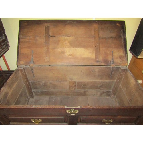 1419 - Georgian oak mule chest, the rising lid over an arrangement of four dummy and two real drawers, 92cm... 