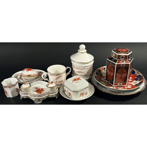 67 - A Herend ink stand with pierced borders, two Doulton Norfolk pattern dishes, Chinese oviform vase an... 