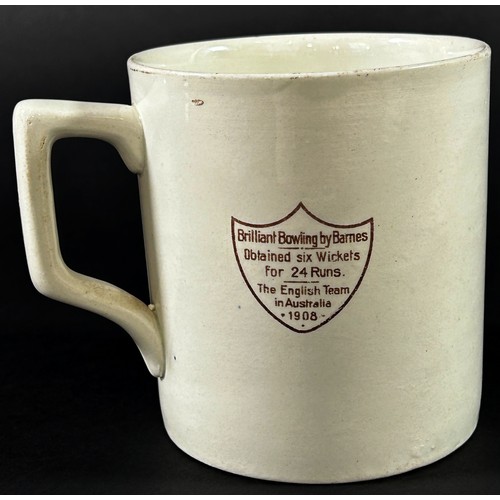 76 - Cricketing Memorabilia - An Edwardian ceramic tankard celebrating Sydney Barnes taking six wickets f... 